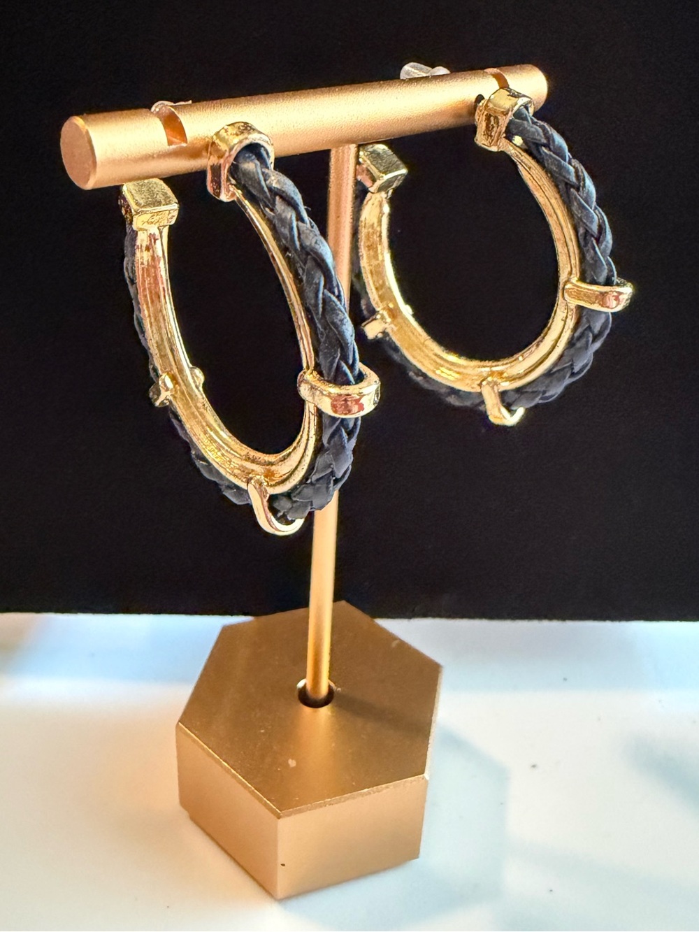 Vintage Gold Hoop Earrings with Black Braided Detail